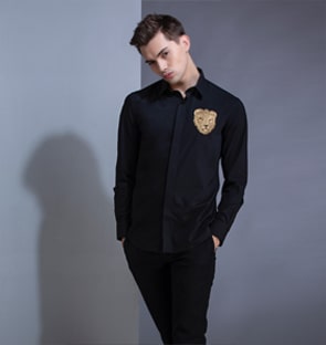 Black long-sleeved evening shirt with gold Lion hand embroidery